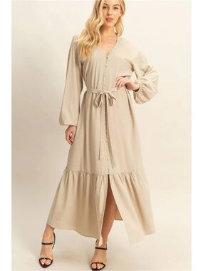 HYFVE Tan V-Neck Tie-Waist Maxi Dress